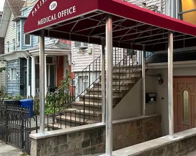 Curved awning installed in front of medical office door in Eatontown, NJ